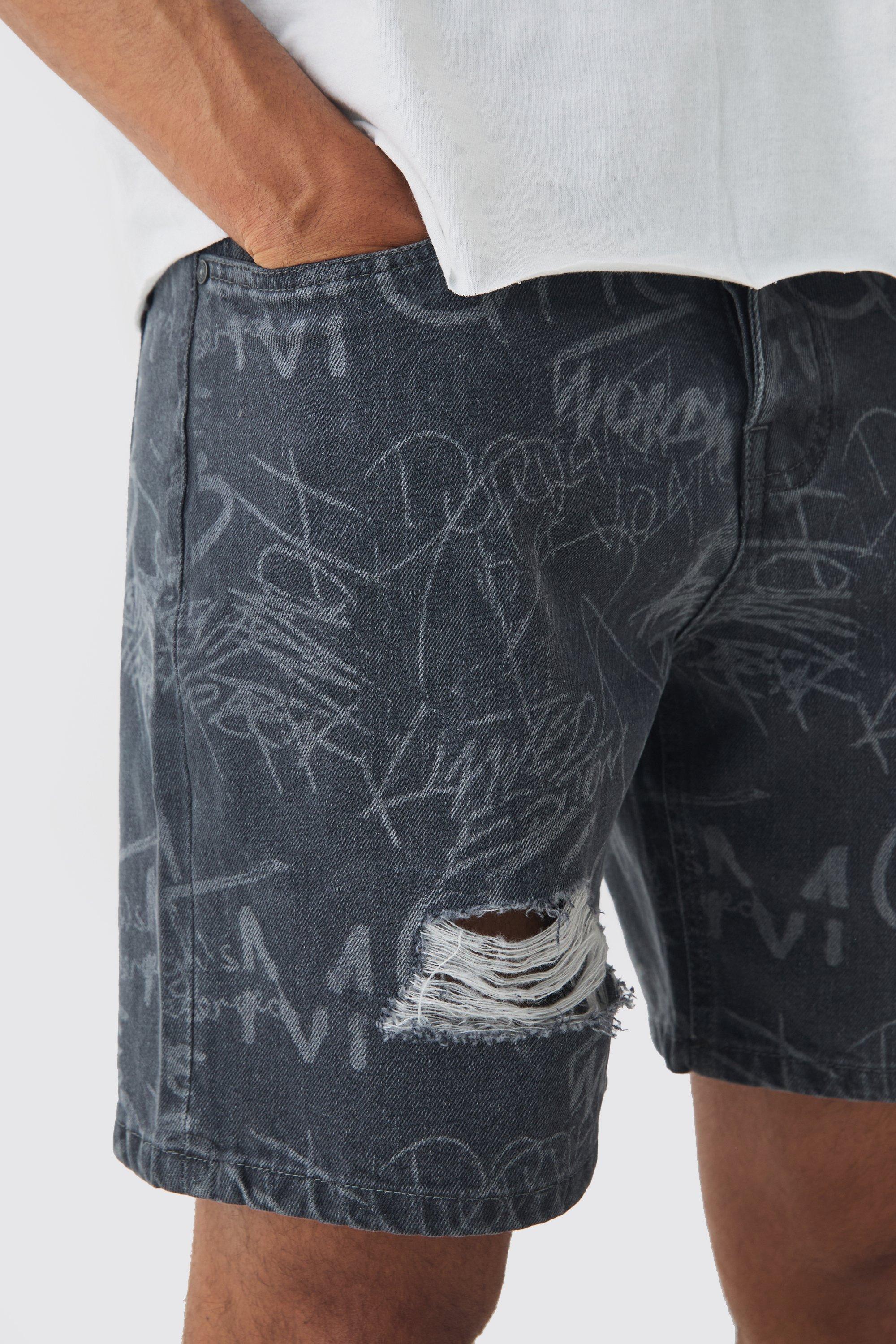 Relaxed Rigid All Over Print Ripped Denim Shorts In Mid Grey boohoo FI